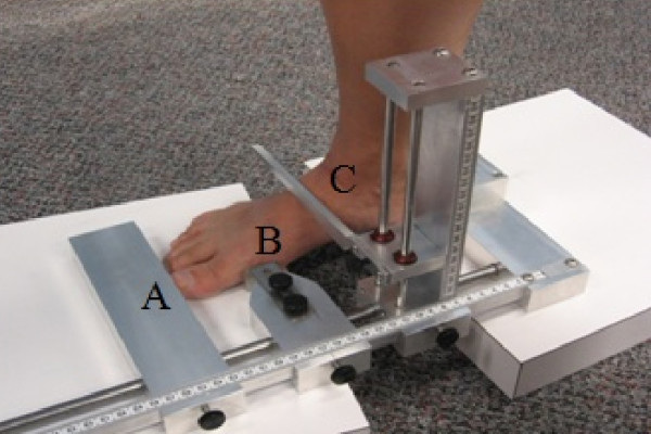 Figure 2. Arch Height Index Measurement System. Adjustable sliders were used to measure total foot length (A), truncated foot length (B), and dorsal height at 50% of total foot length (C).