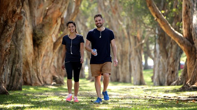 Vanessa Trufunovic and Ed Loveday exercising in Centennial Park in Sydney. Sam Ruttyn photo, The Sunday Telegraph.